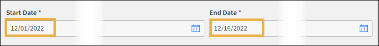 Date selection fields with yellow highlight boxes around the Start and End date.